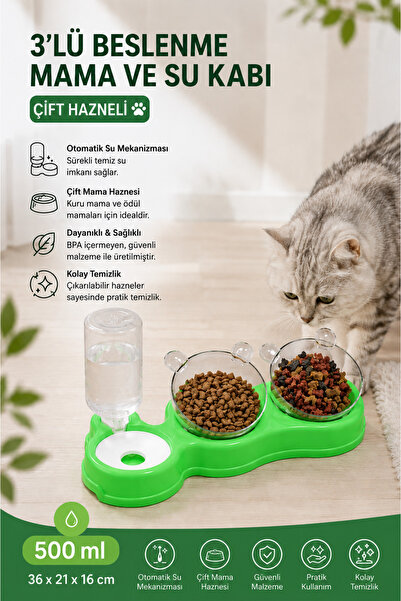 Glipet Çift Hazneli 3' lü Beslenme Mama ve Su Kabı Yeşil 500 ml 36 x 21 x 16 cm