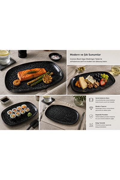Bonna Porselen Cosmos Black Vago Dikdörtgen Tabak 36 cm Cosblvao36dt