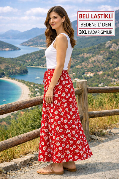 GÜZEL KAMAN ZEMİN KIRMIZI ÜSTÜ BEYAZ ÇİÇEKLİ DESENLİ ALTI PARÇA BELDEN LASTİK...