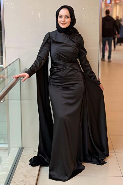 Mahal Fashion Night Satin Evening Dress with Cape
