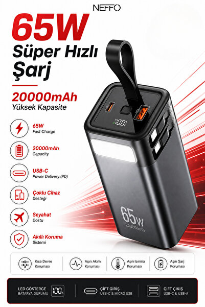 NEFFO Yüksek Kapasiteli 65W Hızlı Şarj 20.000 mAh Powerbank – Hızlı Şarj, Çok...