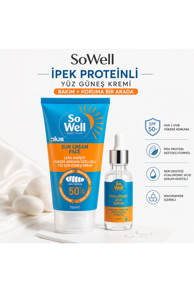 Sowell Leke Karşıtı Yüz İçin Güneş Kremi Spf 50+ Plus 75 ml + Hyaluronic Seru...