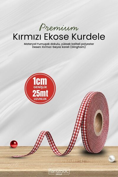 FANTASTIC KURDELE Premium Kırmızı Beyaz Ekose Kurdele (1 cm Genişlik - 25 Metre)