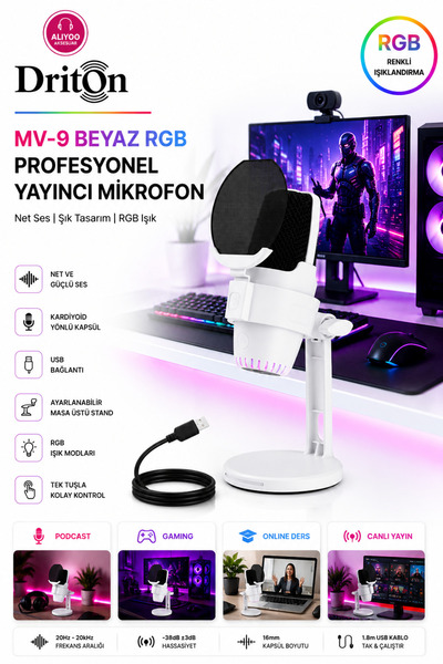 DRİTON Mv-9 BEYAZ Rgb Usb Oyuncu Yayıncı Ve Podcast Için Uyumlu Condenser Mik...