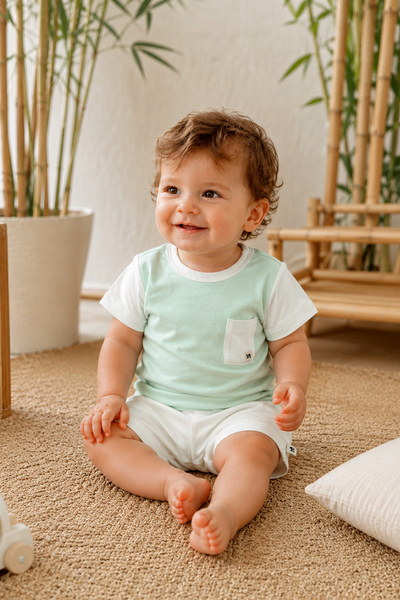 Mimu Baby Bambu Kısa Kollu, Cep ve Yaka Detaylı Bebek Pijama Üstü - Mint/Krem
