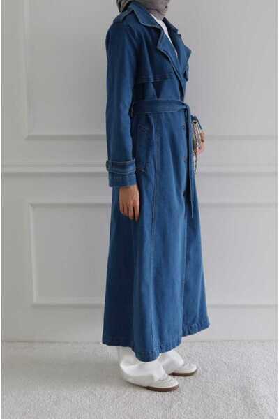 Neways 6458-Denim Allerli Trençkot Mavi