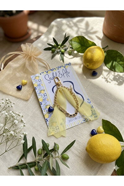 Handmade 10 Adet Limon Konseptli Şifon Kurdeleli Kalp Detaylı Zincir Anahtarl...