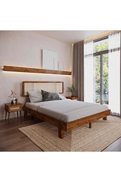 RENAZZO Hazeran Lilyum Model Ceviz Renk Ahşap Karyola Ve İki komodin Set