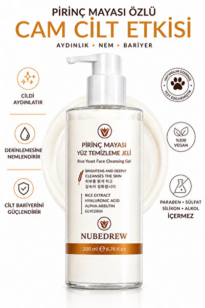 NUBEDREW Pirinç Mayası Yüz Temizleme Jeli 200 ml Aydınlatıcı, Gözenek Sıkılaştırıcı, Nemlendirici