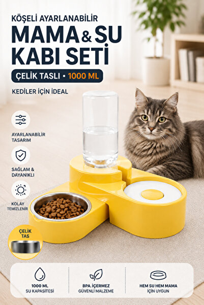 Miapet Köşeli Ayarlanabilir Hazneli Çelik Taslı Kedi-köpek Mama Ve Su Kabı Se...