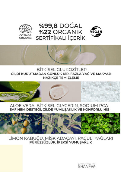 RHANEVA Hassas Ciltler için Kurutmayan Yüz Temizleme Jeli, Organik ve Vegan Sertifikalı, 200 ml