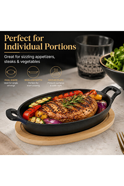 Blackstone Cast Iron Mini Oval Skillet with Wooden Sizzler Plate, 18cm BC14159 - Ideal for Sizzling and Grilling
