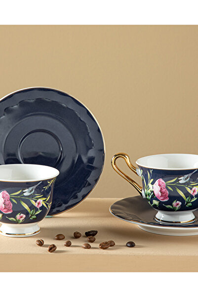 English Home Vanilla New Bone China Kahve Fincan Takımı 4 Parça 2 Kişilik Lacivert