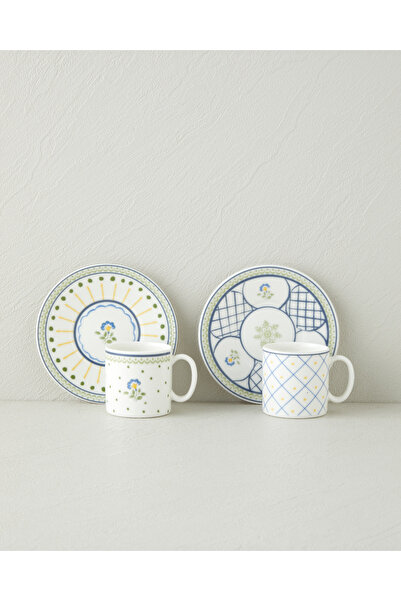 English Home Talavera Glow Bone Porselen 4 Parça 2 Kişilik Kahve Fincan Takım...
