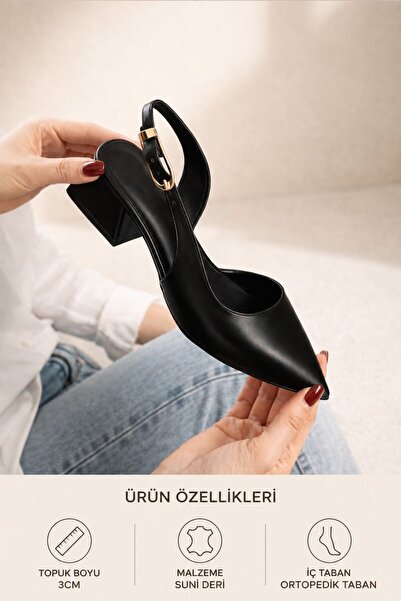 VEİLLETTO Aura Siyah Yanı Tokalı (4 cm Topuk Boyu ) Sivri Burun Topuklu Babet...