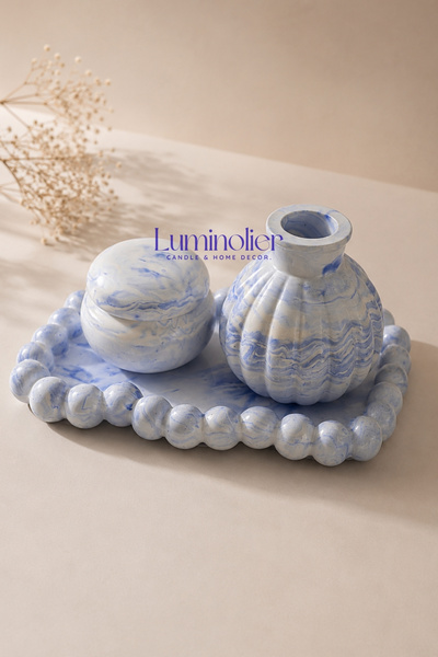 Luminolier Mermer Desenli Okyanus Dekoratif Set – Tepsi, Mumluk ve Vazolu 3’l...