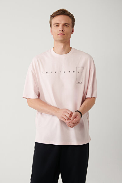Avva Erkek Açık %100 Pamuk Pembe Bisiklet Yaka Baskılı Oversize Fit T-Shirt A...