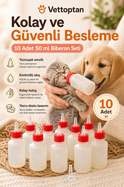 vettoptan Yavru Kedi Köpek Biberon 10 Adet Yedek Emzikli 50 ML Kedi Biberonu ...