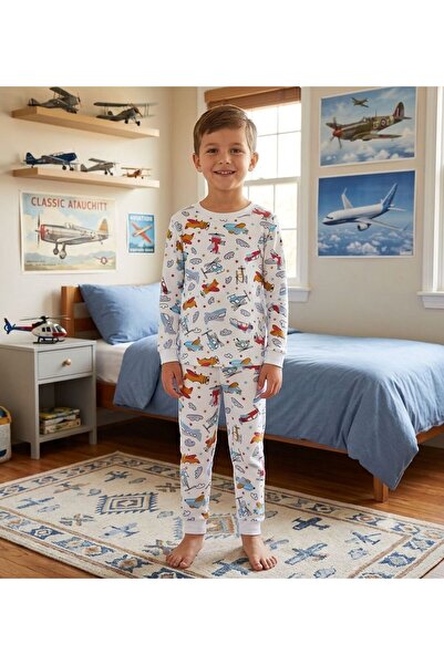 elmas kids Set de pijamale de iarnă pentru băieți, 100% bumbac, culoare albă,...