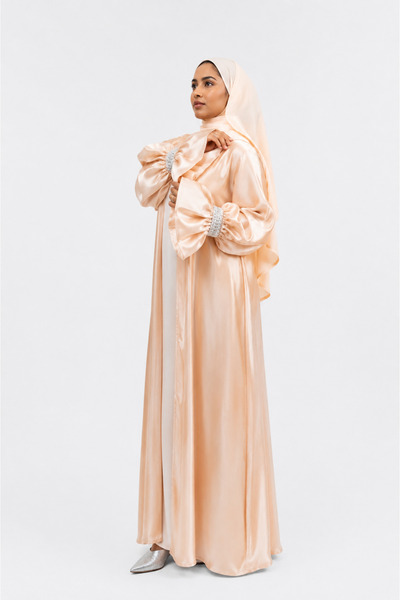 Ophelia Crystal Cuffed Abaya – Elegant Embellished Sleeve Open Abaya with Inn...