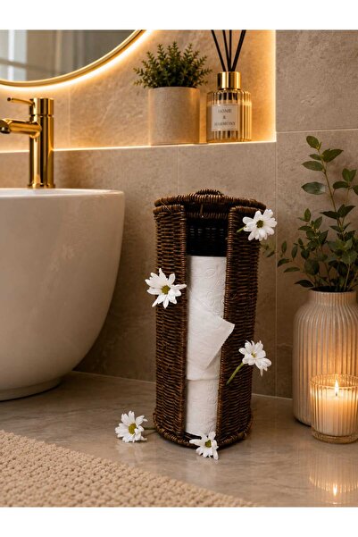ROXART RATTAN ÖRME WC TUVALET KAĞITLIK SAKLAMA SEPETİ KAPAKLI FERFORJE RATTAN