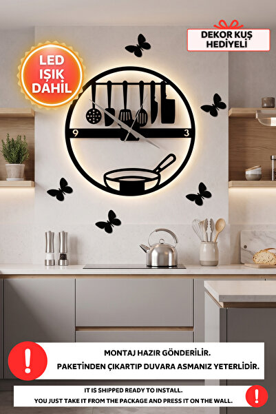 Dekorvin Led Işıklı Mutfak Duvar Saati Sessiz Dekoratif Modern Siyah Ahşap Du...