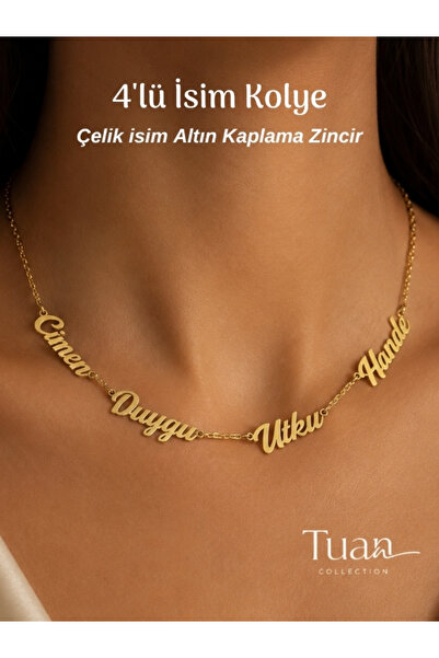 Tuana Trend Kişiye Özel 4'lü İsim Kolye Özel Tasarım Yüksek Kalite Çelik Gold...