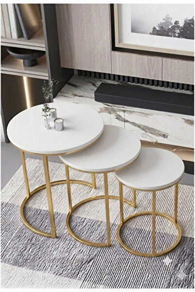 Nokta Sehpa Home Gold Metal (DÜZ) Aynalı 3lü Zigon C Sehpa