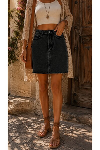 Dema Kadın Denim Pamuklu Gri Mini Etek