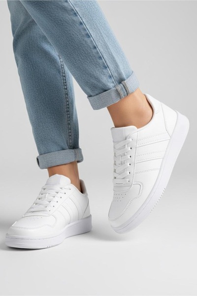 TOFİSA Women's White Striped Faux Leather Sneakers - 27888-White