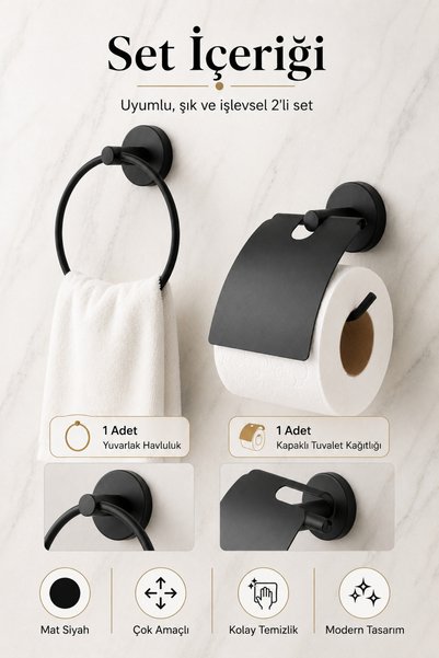 Alper Banyo Black 2-Piece Bathroom Set |   Round Towel Holder Large Lid Paper Holder |   Modern & Stylish Design