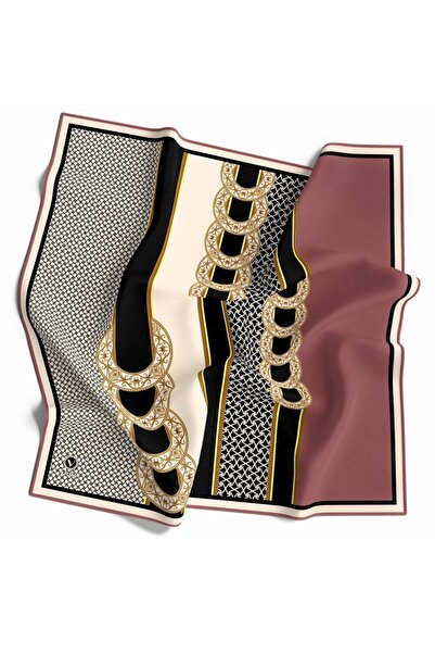 VİOLLA Twill Gold Kemerli Geometrik Desenli Pudra Renkli 90x90 Eşarp (İpek İç...