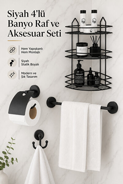 Alper Banyo Paslanmaz Siyah Aksesuar Seti,3lü Banyo Köşeliği Ek03,uzun Havulu...