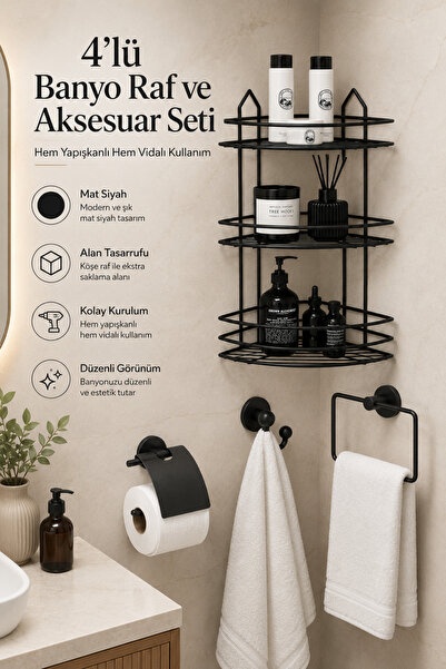 Alper Banyo Paslanmaz Siyah Aksesuar Seti,3lü Banyo Köşeliği Ek03,kare Havulu...