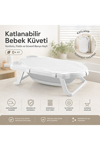 Zuu Baby Bebek Küveti 33 LİTRE Katlanabilir File Hediyeli 2Li Set Uf Gri