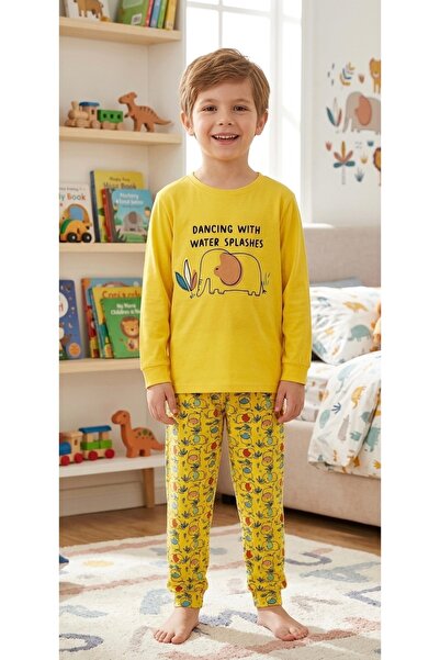 elmas kids Dečački pamučni pidžama set sa žutim slonom i dugim rukavima za se...