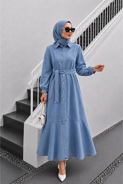 bellura Boydan Düğmeli Fırfırlı Kot Elbise