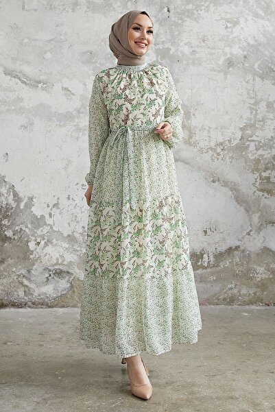 InStyle Φόρεμα σιφόν Nessa Floral ζωσμένο - Πράσινο