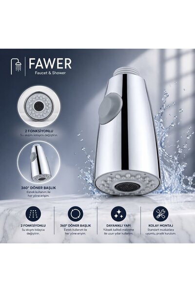 FAWER Faucet & Shower Krom Spiralli Mutfak Bataryası El Duşu 2 Fonksiyonlu - ...