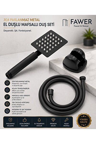 FAWER Faucet & Shower Siyah Mafsallı Duş Seti Metal El Duşlu - 409A