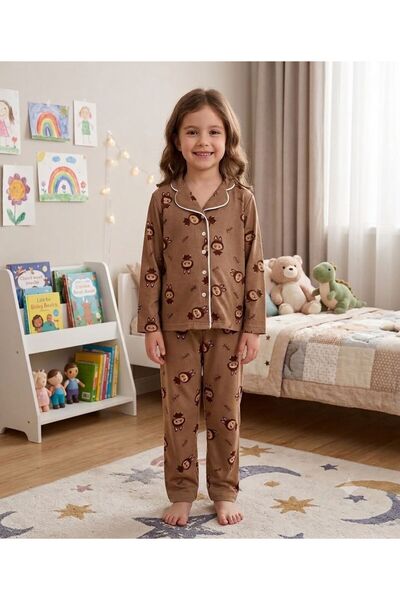 tusem butik homewear طقم بيجامة شتوية للفتيات من القطن والجلد المدبوغ باللون ...