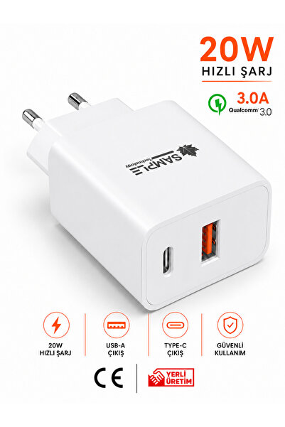 Sample 20W Hızlı Şarj Adaptörü Çift Çıkışlı Qualcomm 3.0A PD Destekli Type-C ...