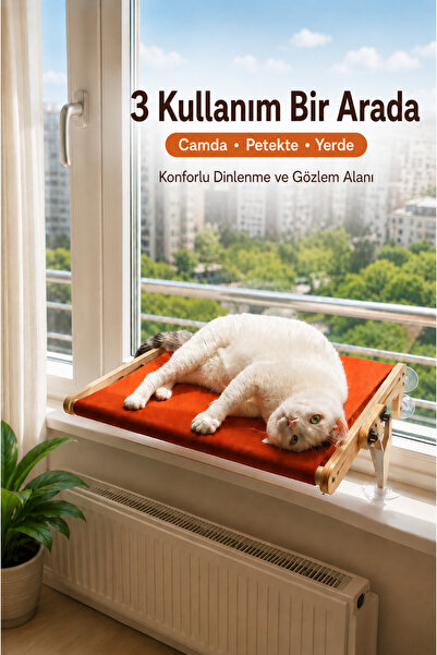 atolyeman Çok Amaçlı Ahşap Kedi Yatağı, Vantuzlu Cam ve Pencere Yatağı, Peteğ...