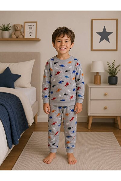 Pajama Shop Σετ πιτζάμες για αγόρια, βαμβακερά, γκρι, με σχέδιο ελικόπτερα, μ...