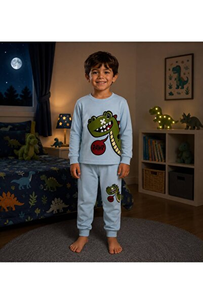 elmas kids Dečački set od Pamuk delova, plavo-zeleni dinosaur, zimska pidžama...