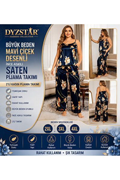 DYZSTAR Plus Size Blue Floral Print Thin Strap Satin Pajama Set 2-Piece Women...