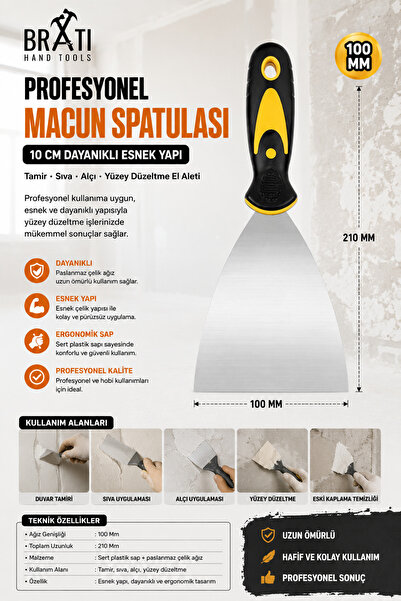 BRATİ HAND TOOLS Profesyonel Macun Spatulası 10 Cm Dayanıklı Esnek Yapı Tamir...