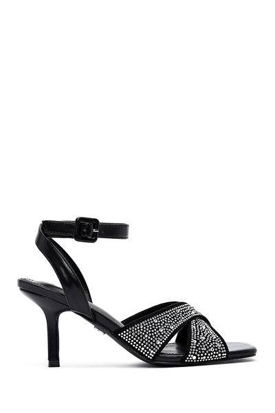Derimod Schwarze Damen-Sandalen mit Knöchelschnalle und Steinbesatz und dünne...