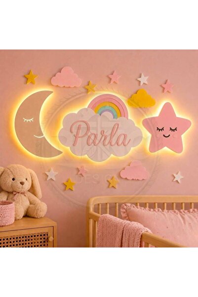 Runc Design Işıklı Gökkuşağı Bebek Odası Duvar Dekoru - Ledli Ay Dede Yıldız ...
