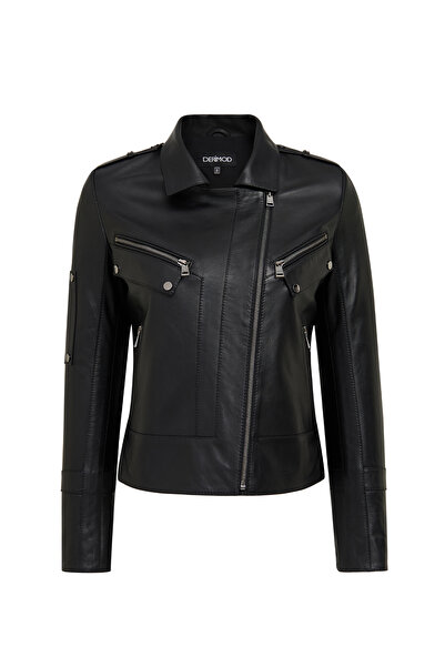 Derimod Roma Kadın Siyah Biker Deri Ceket 25WGD5609U4